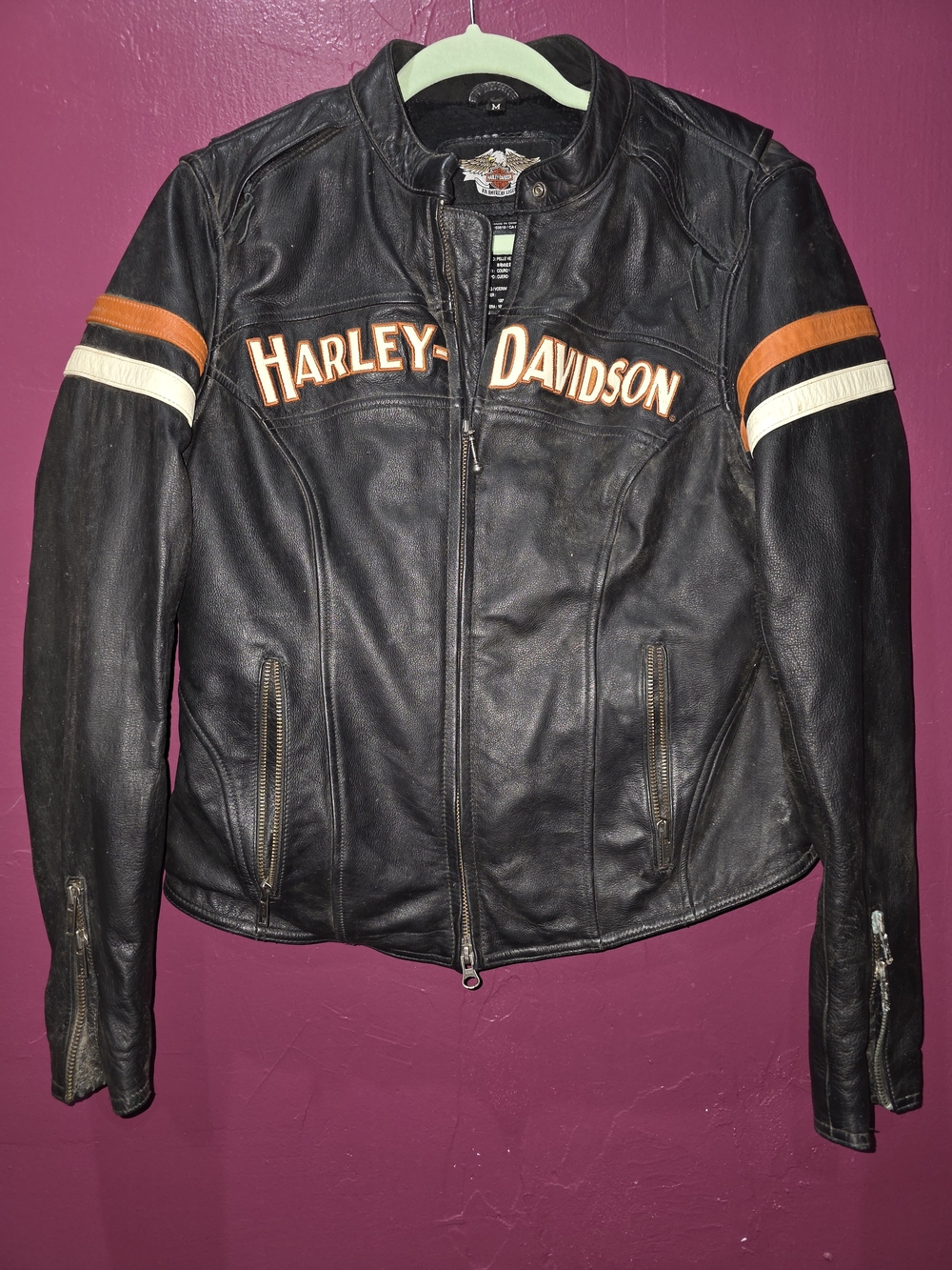 Harley-Davidson Black Leather Jacket with Orange and White Stripes